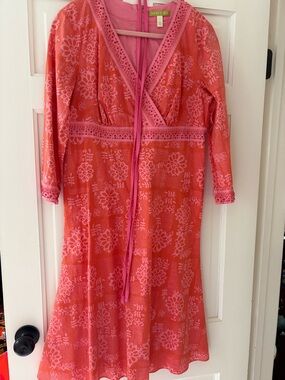Sigrid Olsen Pink & Coral Floral V-Neck Cotton Midi Dress